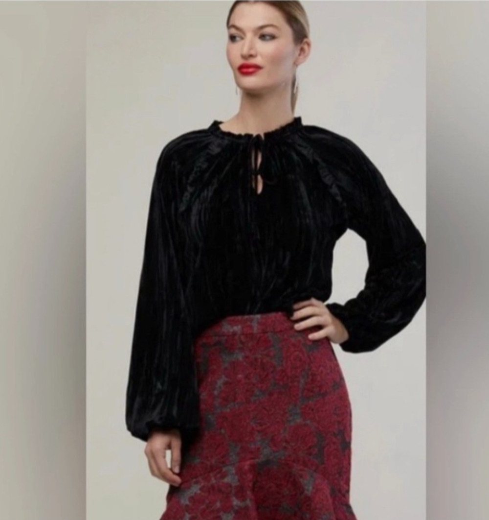 Rachel Parcell Crinkle Velvet Blouse Black Size M Long Sleeve Luxe Whimsygoth
